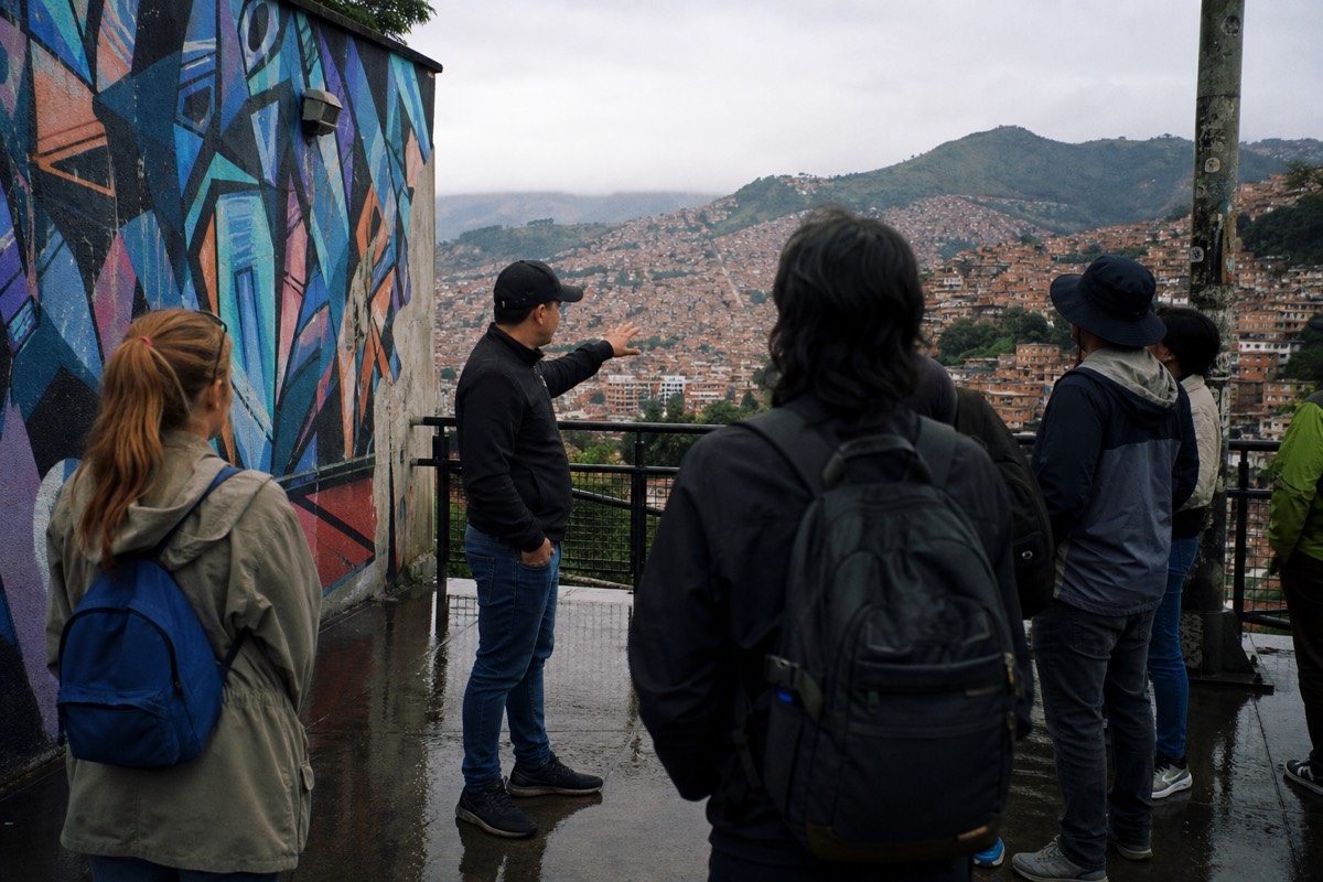 Private guide showing a small group a viewpoint terrace over the Comuna 13 hillside in Medellín