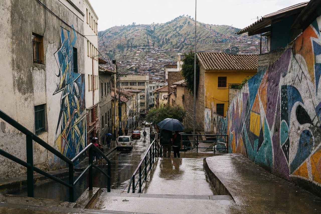 Wet city street after rain with umbrellas and reflected light on the tarmac, green mountain slopes rising behind the buildings