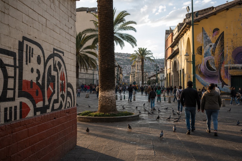 Busy downtown plaza with tall palms, pigeons and groups of people crossing in afternoon light, colonial facades along one edge