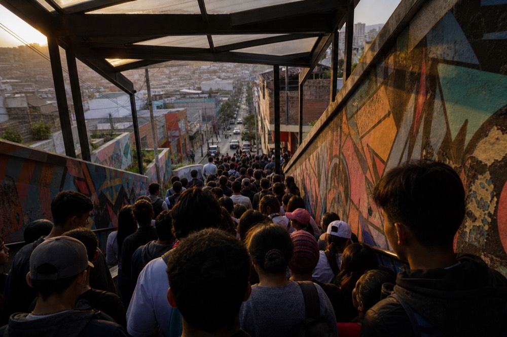 A dense weekend crowd packed onto a covered outdoor escalator landing, seen from above and behind, colourful abstract murals lining the wall