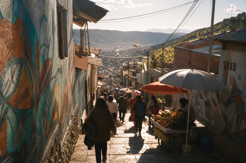 Busy hillside walkway of visitors under bright midday sun with fruit carts and market umbrellas lining a painted stairway