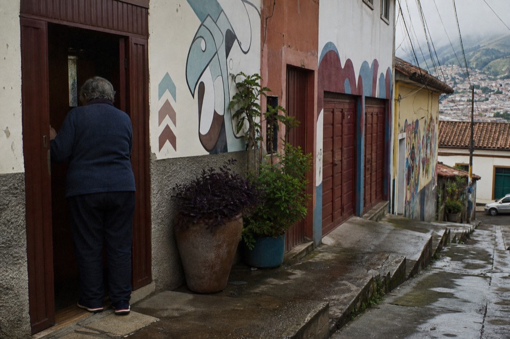 Quiet residential side street of painted garage doors and potted plants with an elderly resident seen from behind standing in a doorway