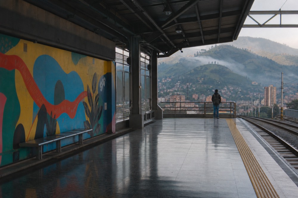 A near-empty elevated metro platform in soft morning light, one distant traveller with a small backpack waiting beside the yellow edge line, green hills beyond